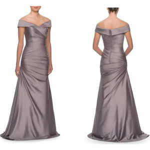 La Femme Gray Satin Ruched Off the Shoulder Trumpet Gown